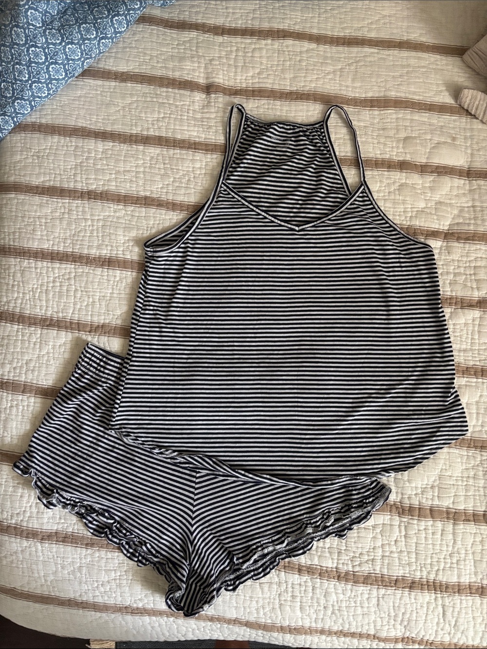 Gap Body Striped Navy Blue & White Pajama Set - Tank Top & Ruffle Shorts